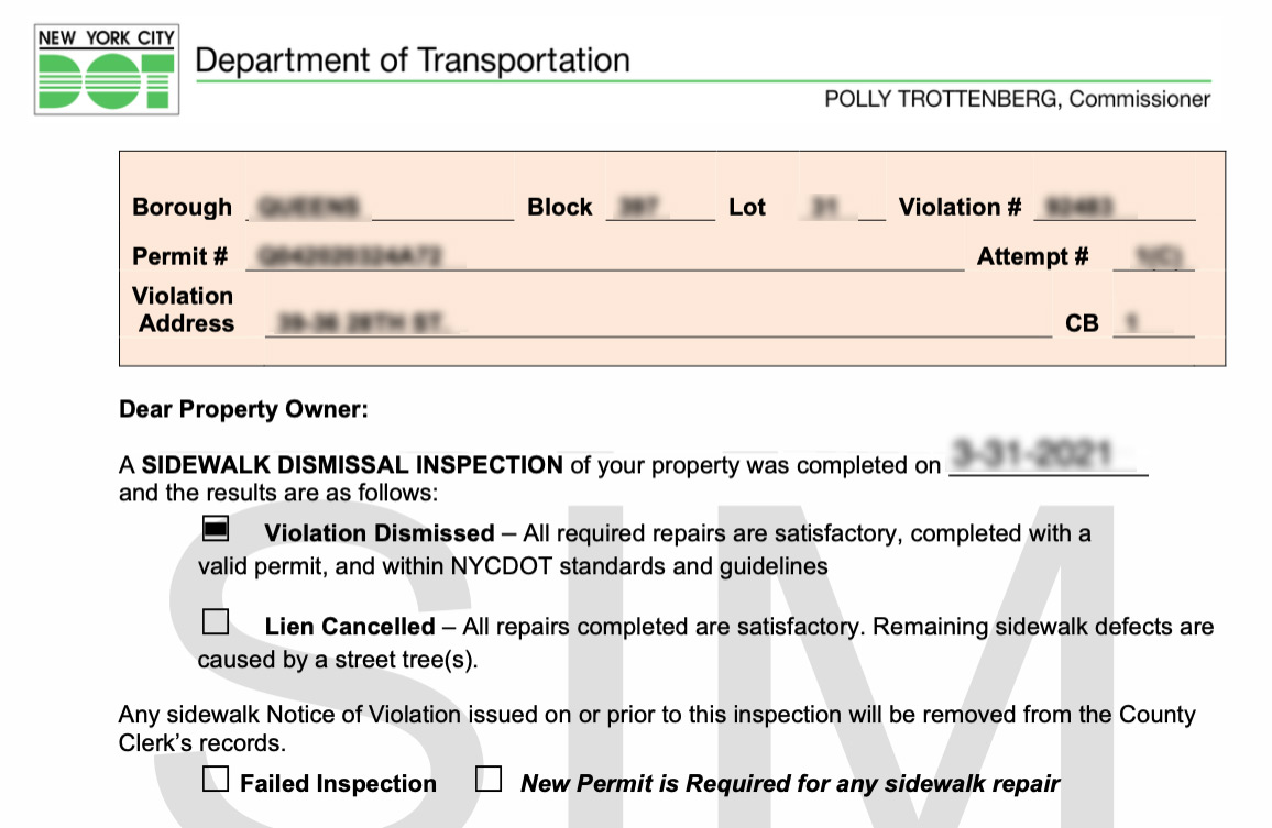 Nyc sidewalk dot violation removal